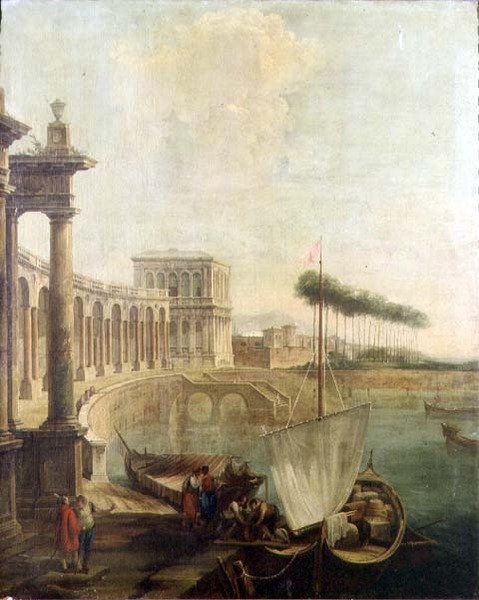 En capriccio, havn med figurer, der læsser en færge af Francesco Battaglioli