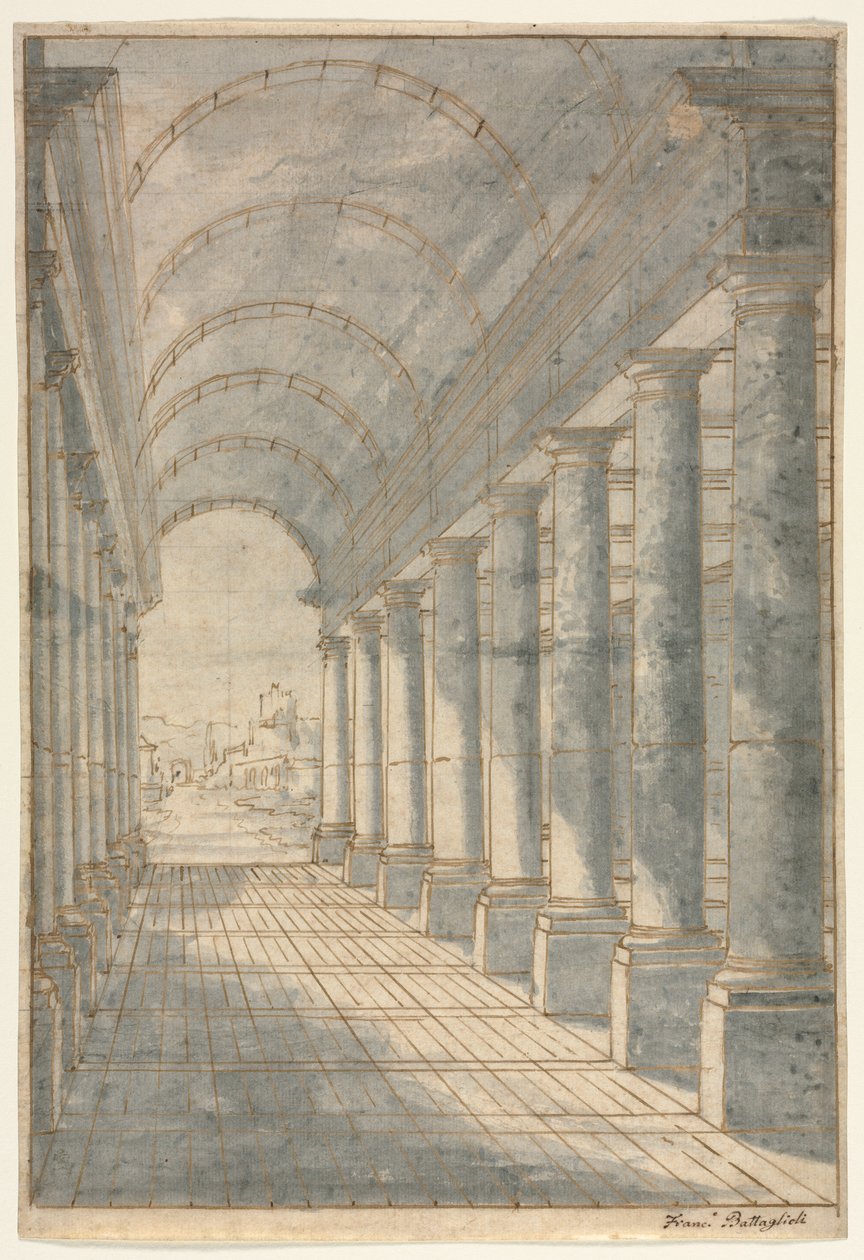 Tøndehvælvet arkade gengivet i perspektiv af Francesco Battaglioli