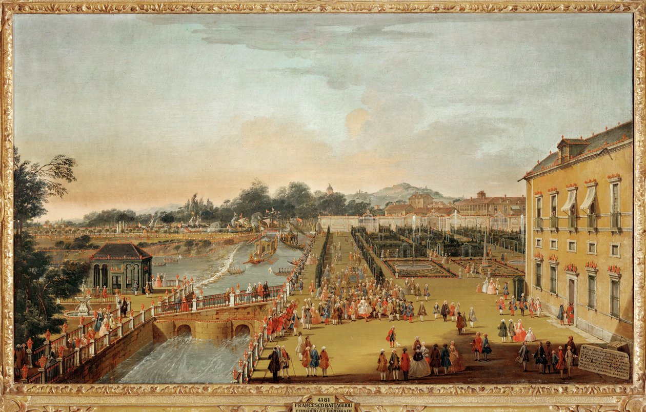 Kong Ferdinand VI af Spanien og dronning Barbara Braganza og deres gæster i haven ved Aranjuez-paladset (maleri på lærred) af Francesco Battaglioli