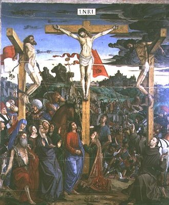Korsfæstelse med Sankt Hieronymus og Sankt Frans (panel) af Francesco Bianchi Ferrari