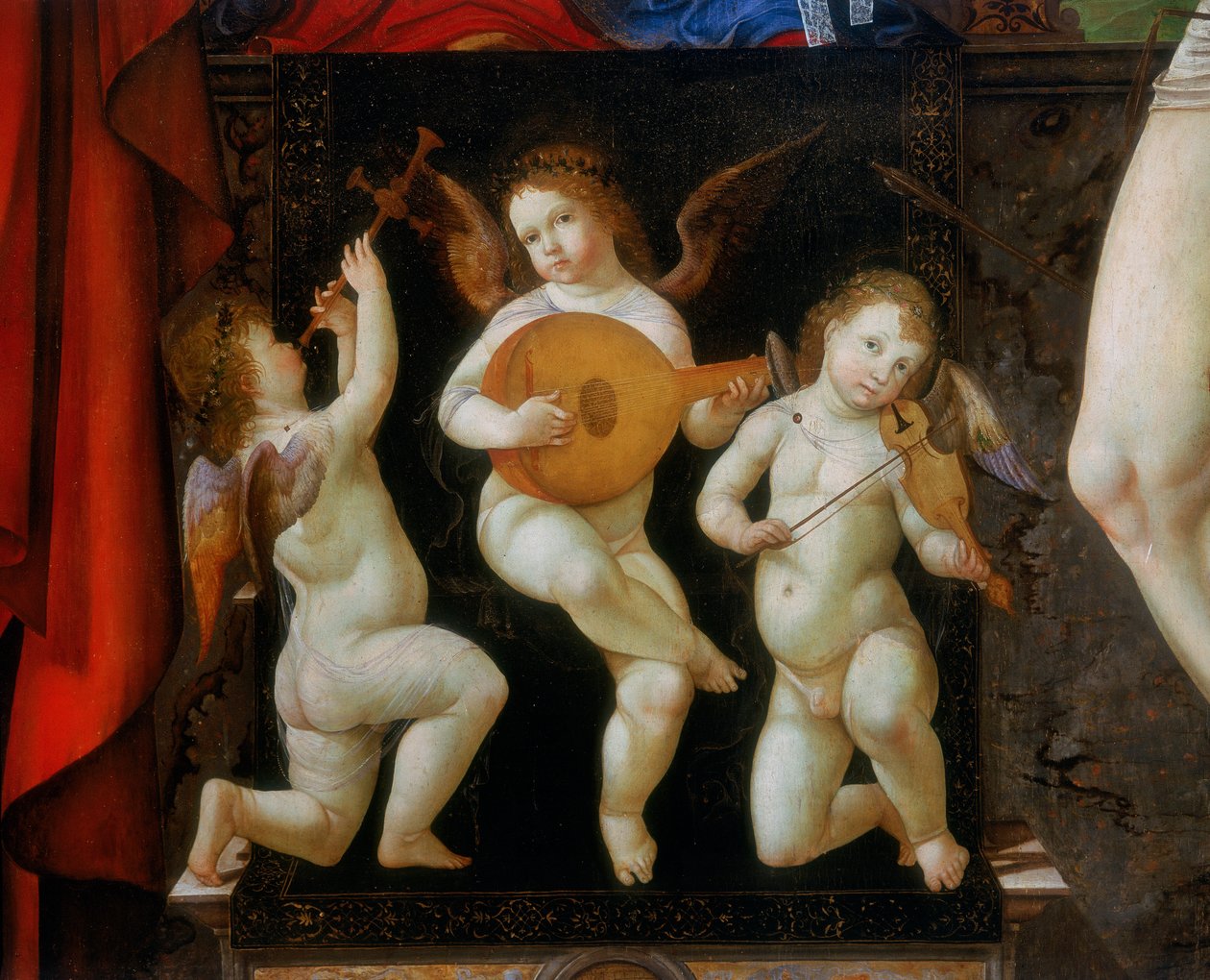 Tre musikalske engle. Detalje af madonnaens altertavle tronet med de hellige Jerome og Sebastian, af Francesco Bianchi Ferrari, San Pietro-kirken, Modena af Francesco Bianchi Ferrari