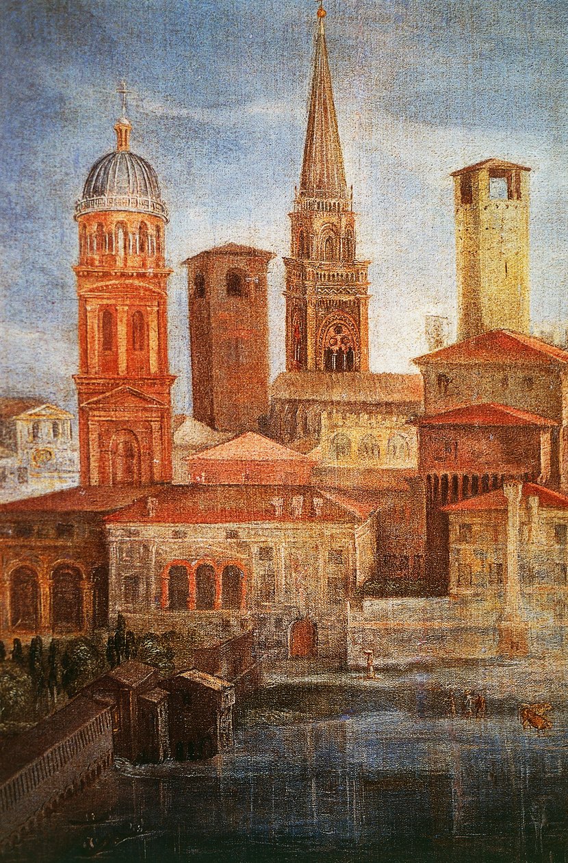 Udsigt over Mantua, Detalje af St. Frans beder til Jomfru Maria for at afslutte epidemien, Ca 1618 af Francesco Borgani (1557-1624), 322x197 cm, Olie på lærred af Francesco Borgani