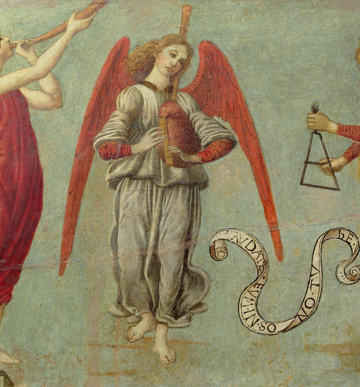 Engel spiller på sækkepibe, ca. 1475-97 tempera på paneldetalje af 64871, se også 64873 og 64874 af Francesco Botticini