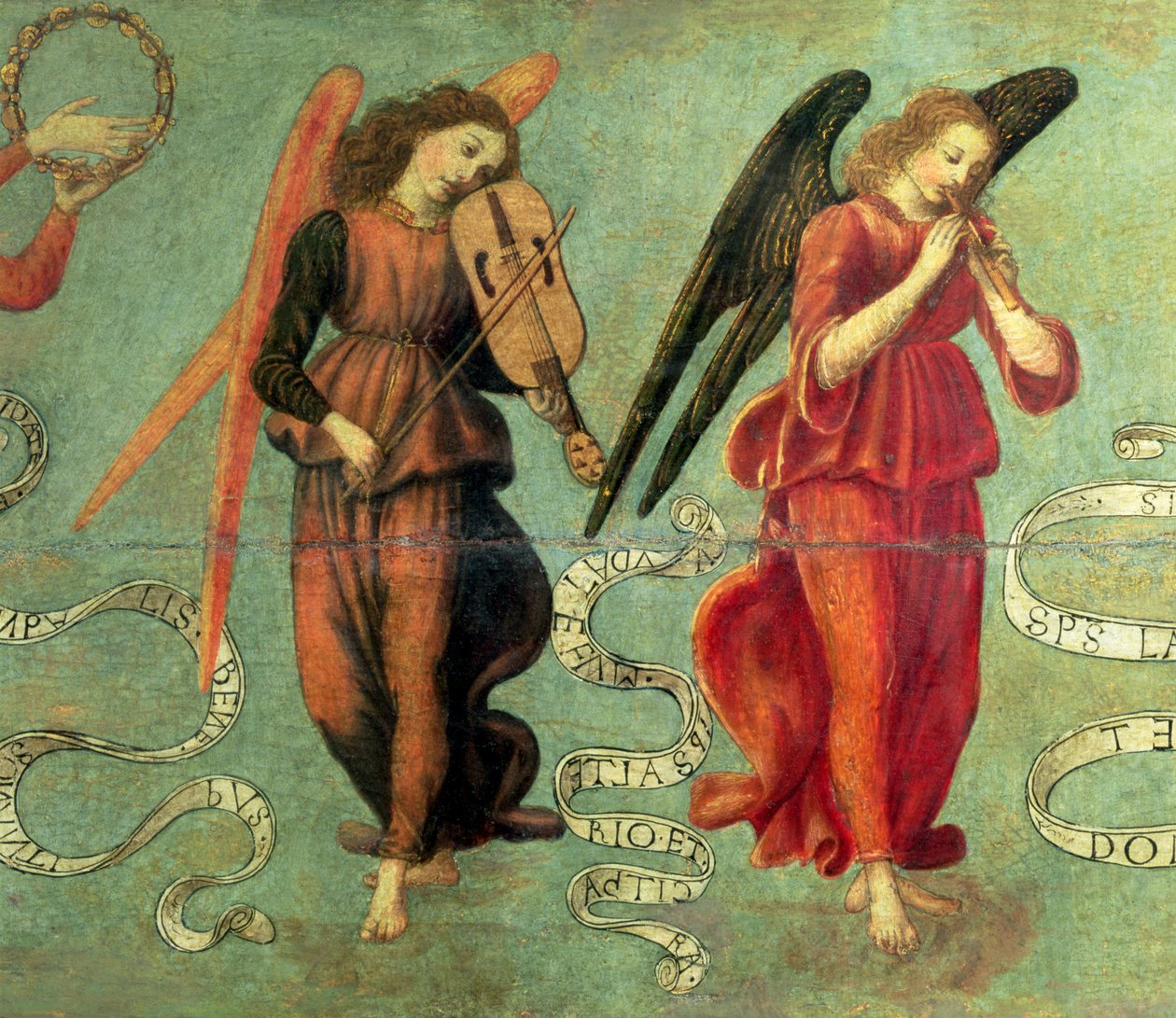 Engle spiller violin og pibe, ca. 1475-97 tempera på paneldetalje af 64871, se også 64872 og 64873 af Francesco Botticini