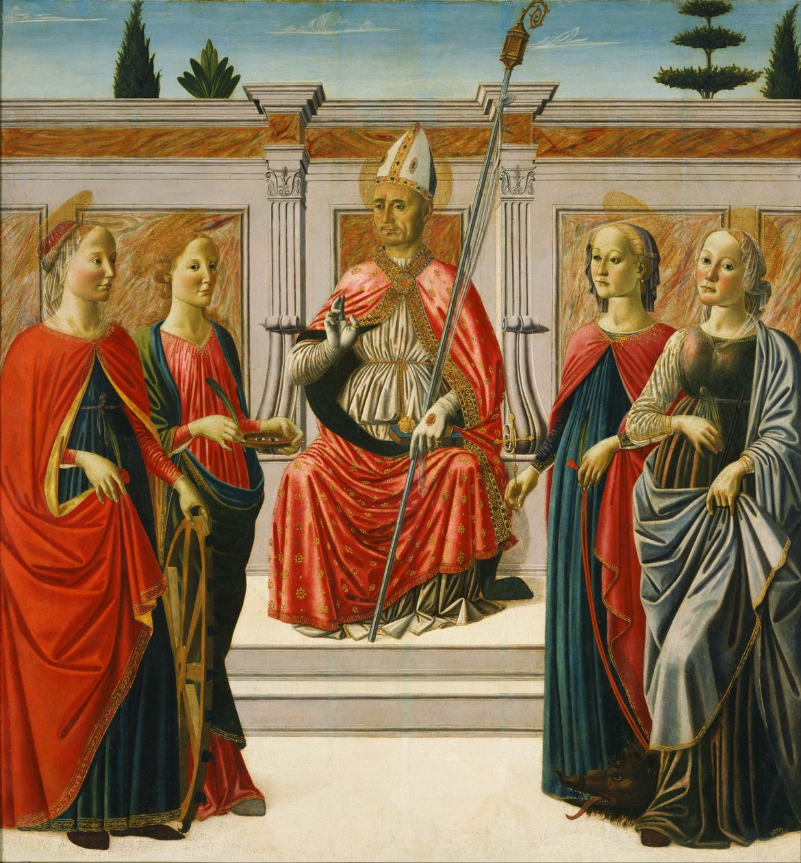 Saint Nicholas og Saints Catherine, Lucy, Margaret og Apollonia af Francesco Botticini