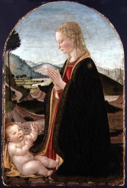 Virgin Adoring the Child (tempera med guld på panel) af Francesco Botticini