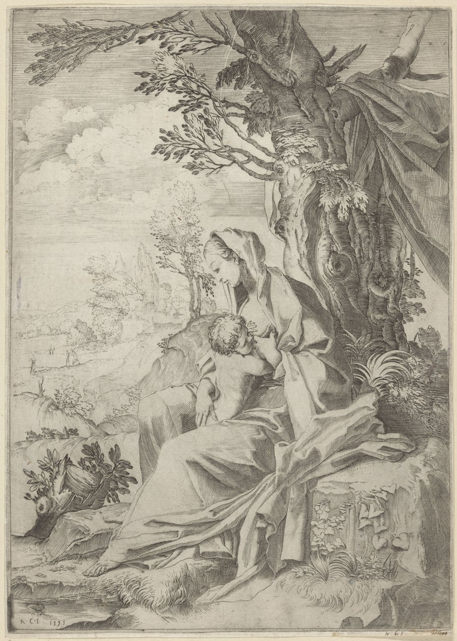 Maria dier Kristusbarnet i et landskab af Francesco Brizio