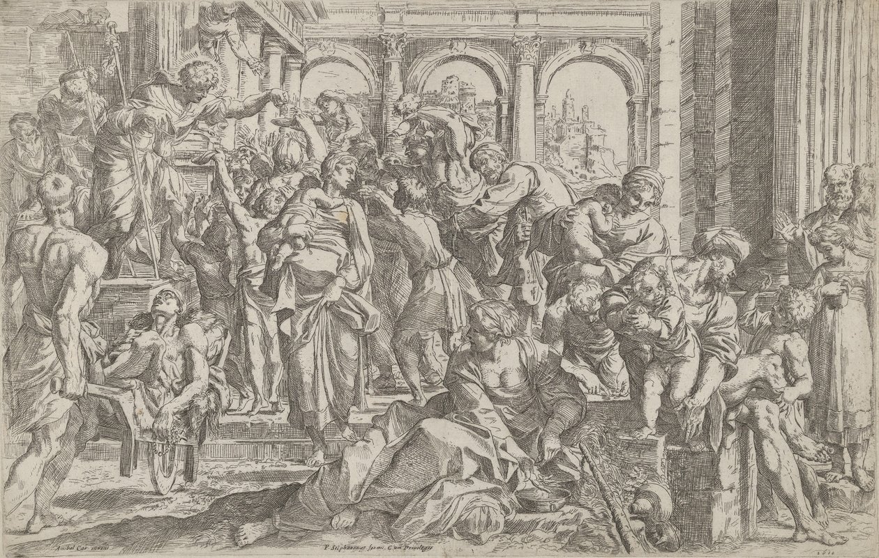 Saint Roch til venstre uddeler almisse til en gruppe mennesker, der var samlet omkring ham, efter ..., 1590-1600. af Francesco Brizio