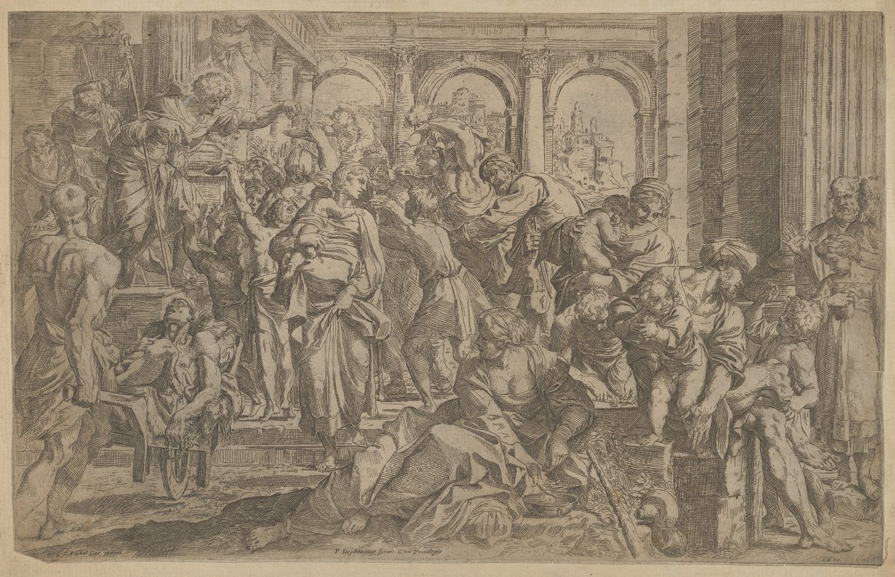 Saint Roch til venstre uddeler almisse til en gruppe mennesker, der var samlet omkring ham, efter A..., ca. 1607. af Francesco Brizio