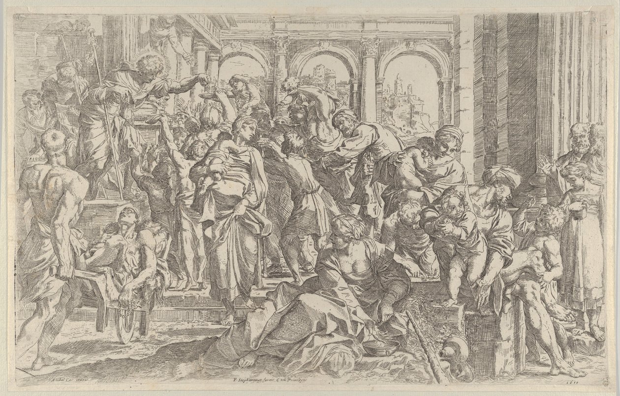Saint Roch til venstre uddeler almisse til en gruppe mennesker, der var samlet omkring ham, af..., ca. 1590-1600. af Francesco Brizio