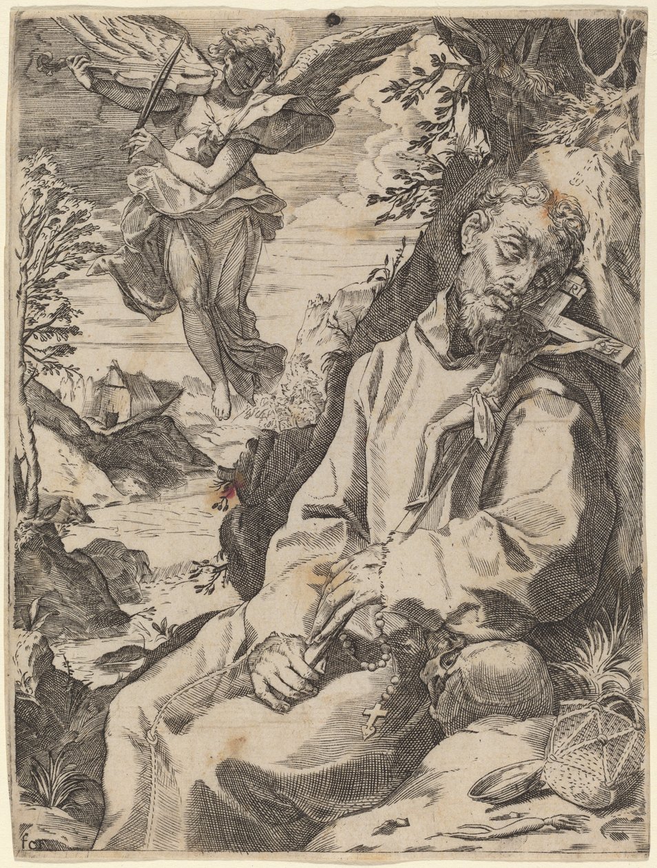 Sankt Frans trøstet af den musikalske engel af Francesco Carracci after Agostino Carracci