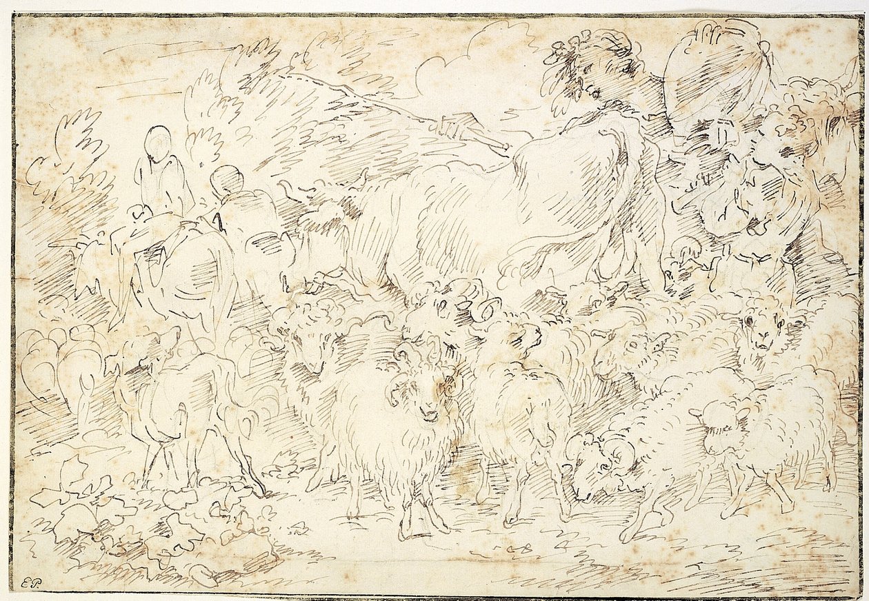 Hyrder med geder, får, en ko og en hyrdehund af Francesco Castiglione