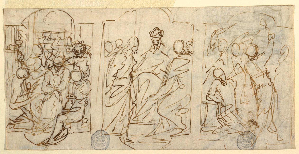 Tegning, Passionens tre stadier: Hånen, Kristus foran Pilatus, Flagellation, ca. 1848 af Francesco Coghetti