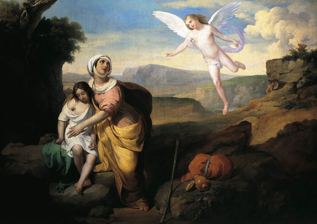 Hagar og Ismael besøgt af engel, ca. 1846, af Francesco Coghetti (1804-1875), olie på lærred, 96x132 cm af Francesco Coghetti