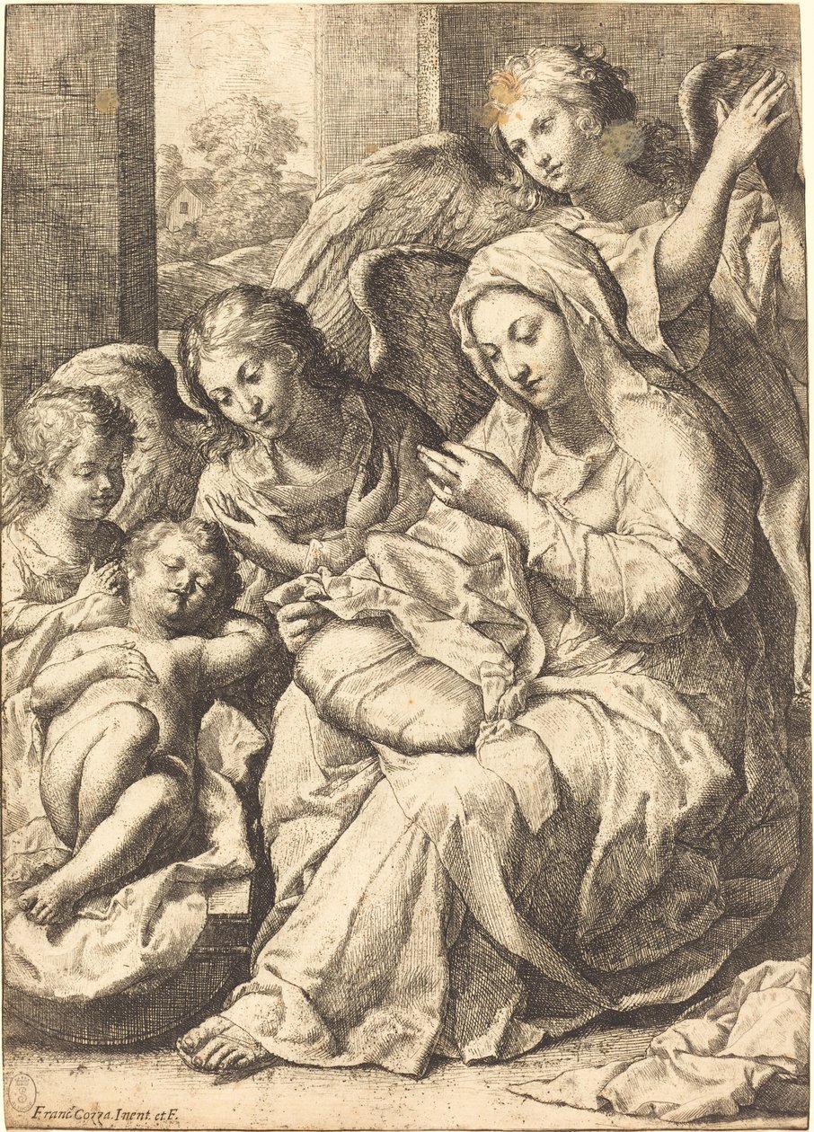 Jomfru og engle, der våger over det sovende Jesusbarn af Francesco Cozza