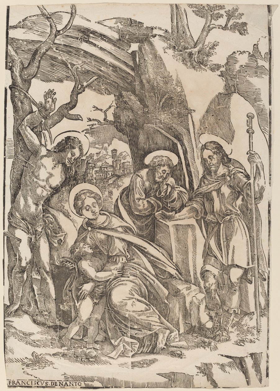 Den hellige familie med Sankt Sebastian og Sankt Roch af Francesco Denanto