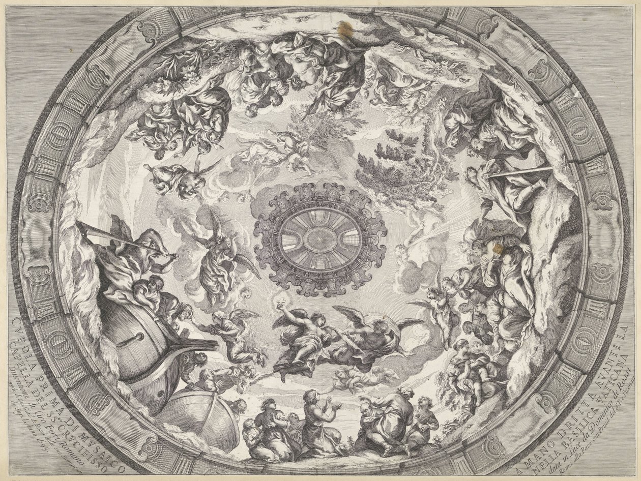 Kuppeludsmykning med gammeltestamentlige figurer og engle Cupola prima di musaico capella del SS.mo Crucifisso (...) (titel på objektet) Kuppeldekorationer i Peterskirken (serietitel) af Francesco Faraone Aquila