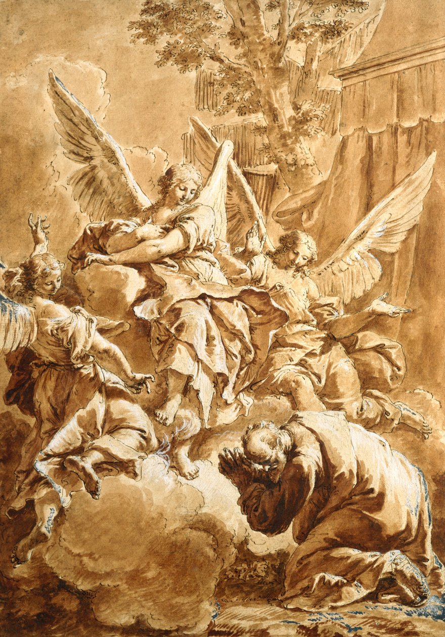 Abraham og de tre engle, ca. 1750 (pen og brunt blæk over sort kridt med rød vask) af Francesco Fontebasso