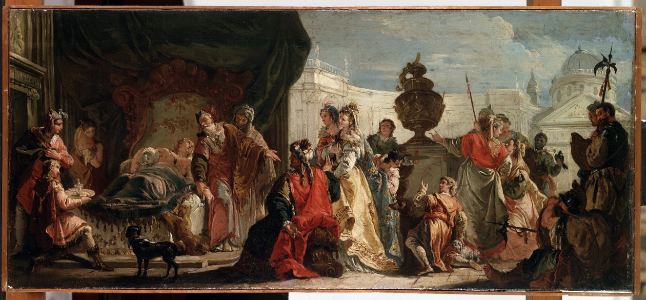 ""Antiochus og Stratonice"" (Antiochus og Stratonice). Antiochus (eller Antiochos), søn af kong Seleucus (eller Seleucus) I Nicator behandles af lægen Erasistratus of Ceos for en sygdom på grund af hans kærlighed til og Stratonice (eller Stratonike), hans  af Francesco Fontebasso