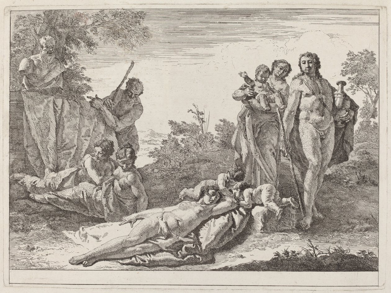 Apollo og nymfer i et landskab med en buste af pan af Francesco Fontebasso