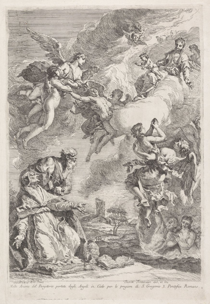 Sankt Gregor den Store og Sankt Hieronymus beder for sjæle i skærsilden Molte Anime del Purgatorio portate dagli Angeli in Cielo per le pregiere di S. Gregorio I. Pontefice Romano (titel på objektet) af Francesco Fontebasso