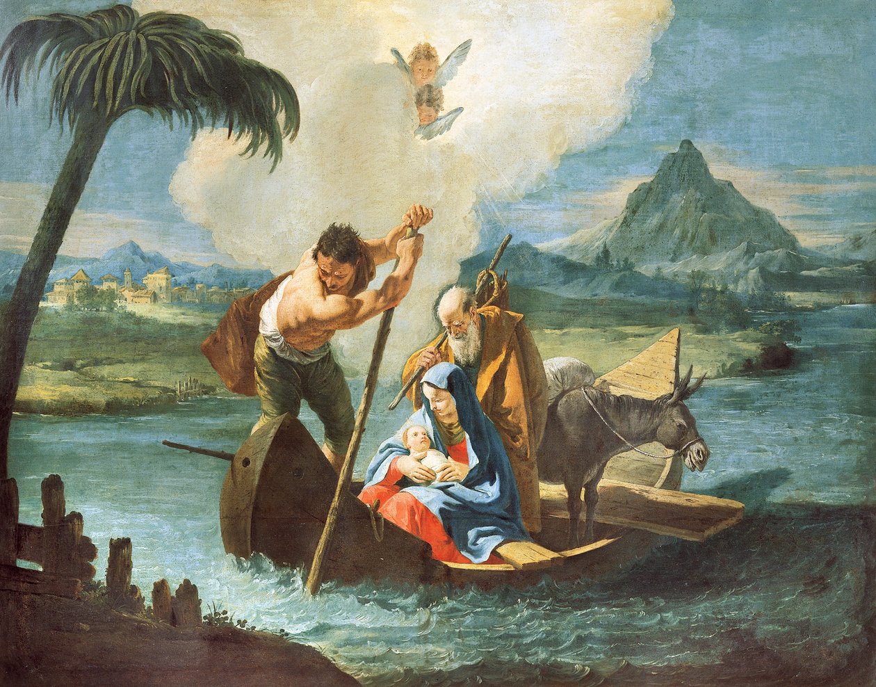 Hellig familie krydser Nilen på deres flugt til Egypten, af Francesco Fontebasso (1707-1769), olie på lærred af Francesco Fontebasso