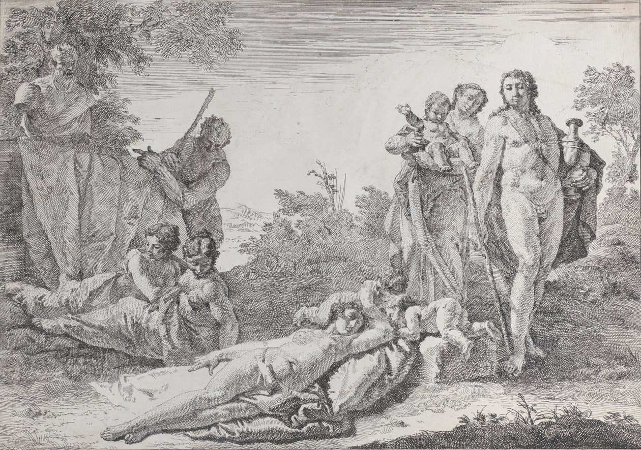Ni figurer nær en Herm of Pan, fra Bacchanals and Histories, 1744. af Francesco Fontebasso
