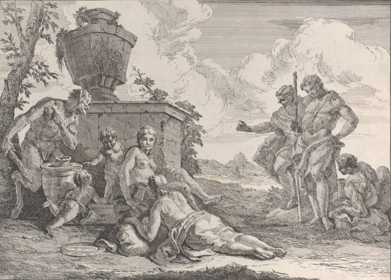 Satyr med klub og syv figurer, fra Bacchanals and Histories, 1744. af Francesco Fontebasso