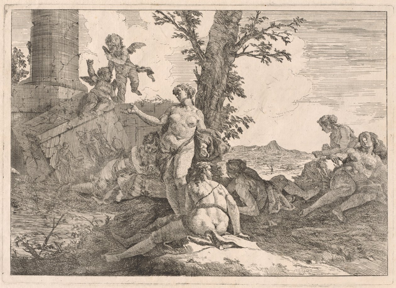Seks nymfer og to amoriner i et landskab af Francesco Fontebasso