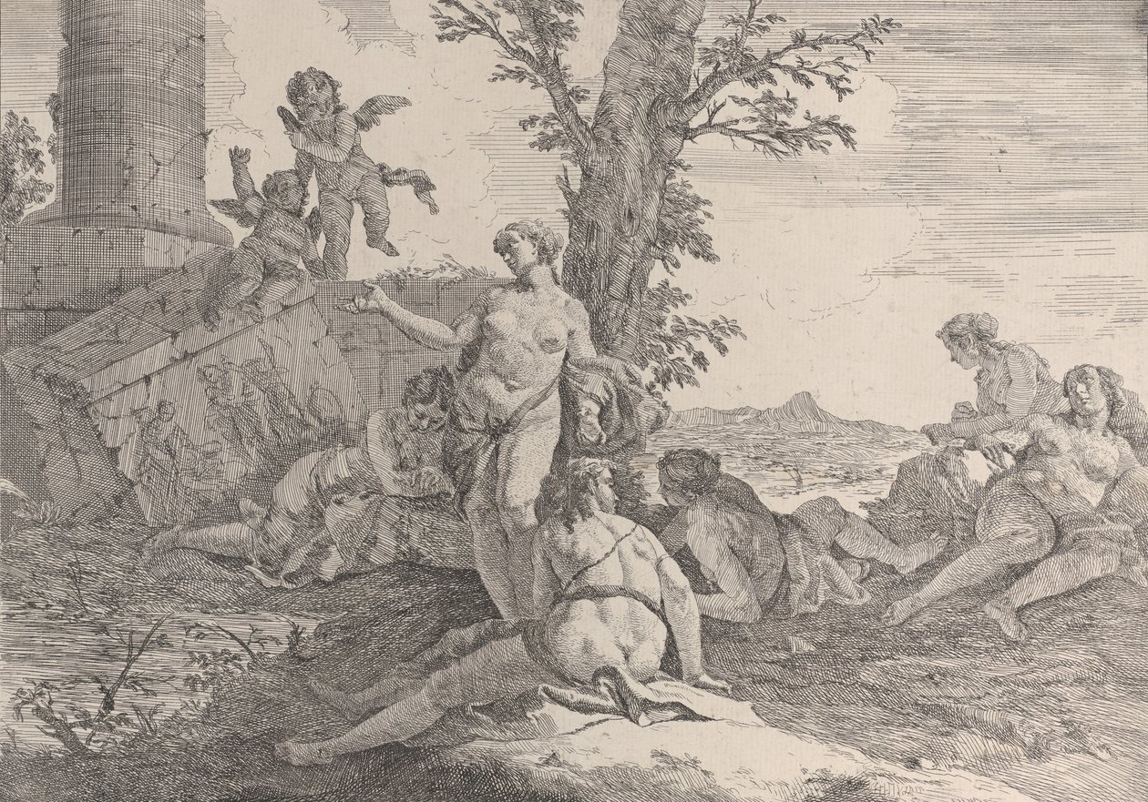 Seks nymfer og to putti, fra Bacchanals and Histories, 1744. af Francesco Fontebasso