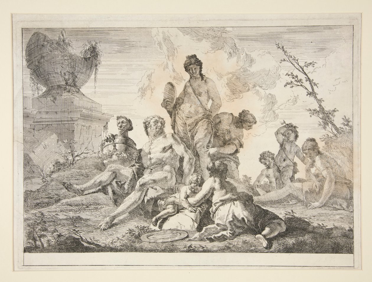 Venus, Vulcan, tre nymfer og tre keruber i et landskab af Francesco Fontebasso
