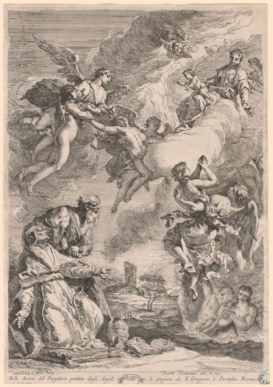 Pave Gregor den Store og Saint Vitale går i forbøn for sjælene i skærsilden af Francesco Fontebasso, after Sebastiano Ricci