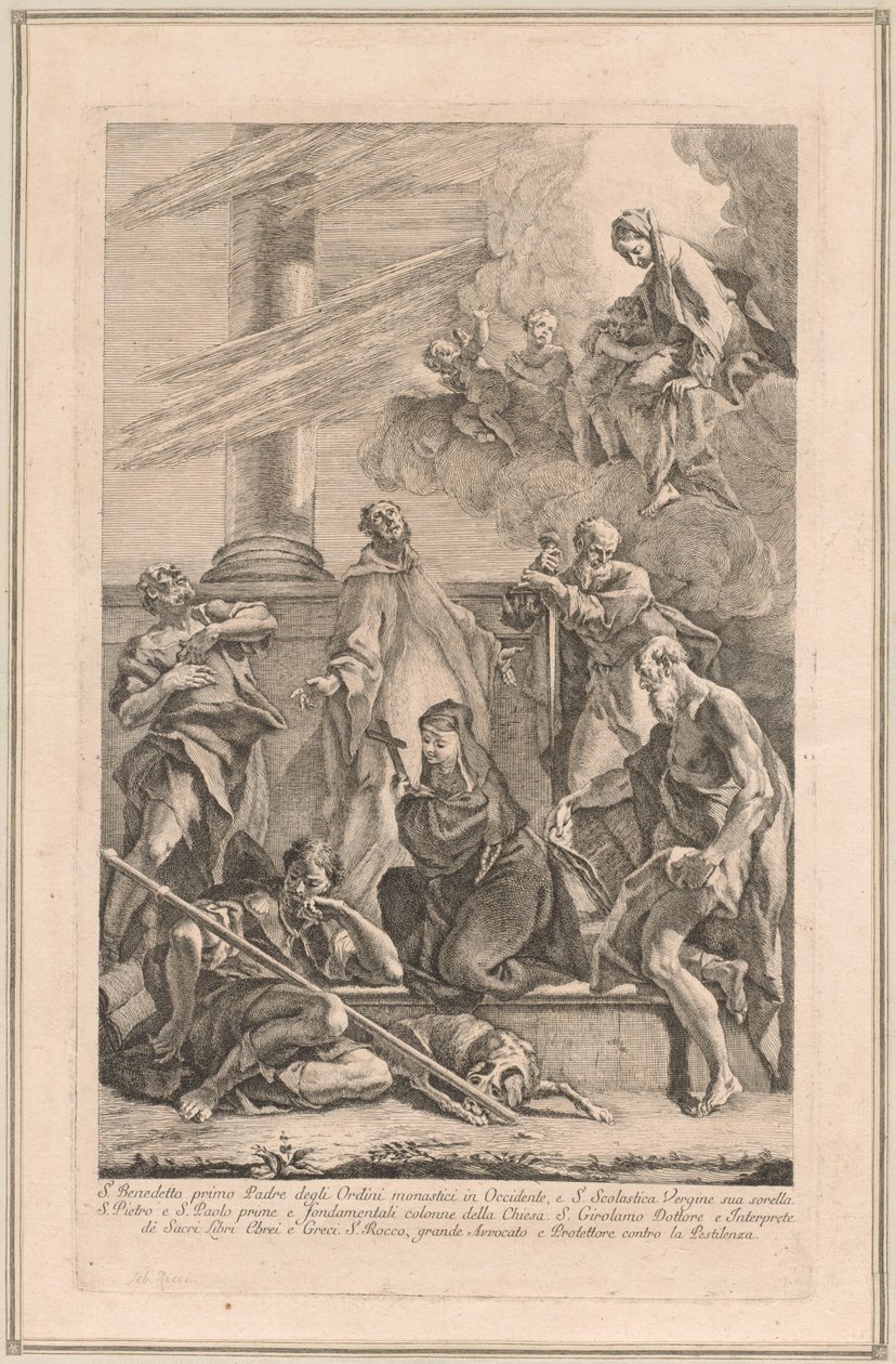 Madonnaen og barnet med to engle og hellige Scholastica, Benedikt, Roch, Peter, Paul og Jerome af Francesco Fontebasso after Sebastiano Ricci