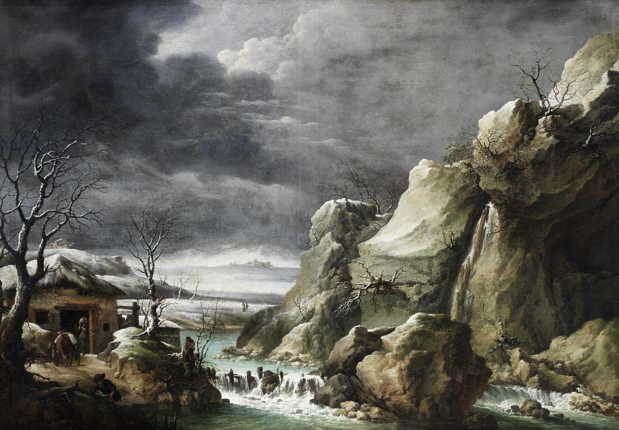 Rejsende nærmer sig en lade i et vinterlandskab under en stormfuld himmel af Francesco Foschi