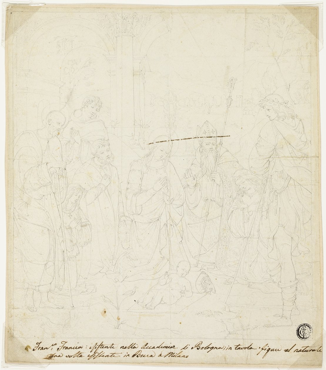 Tilbedelse af Kristusbarnet med de hellige Josef, Frans af Assisi og Augustin, med deltagelse af Anton Galeazzo Bentivoglio og Alessandro Bentivoglio af Francesco Francia