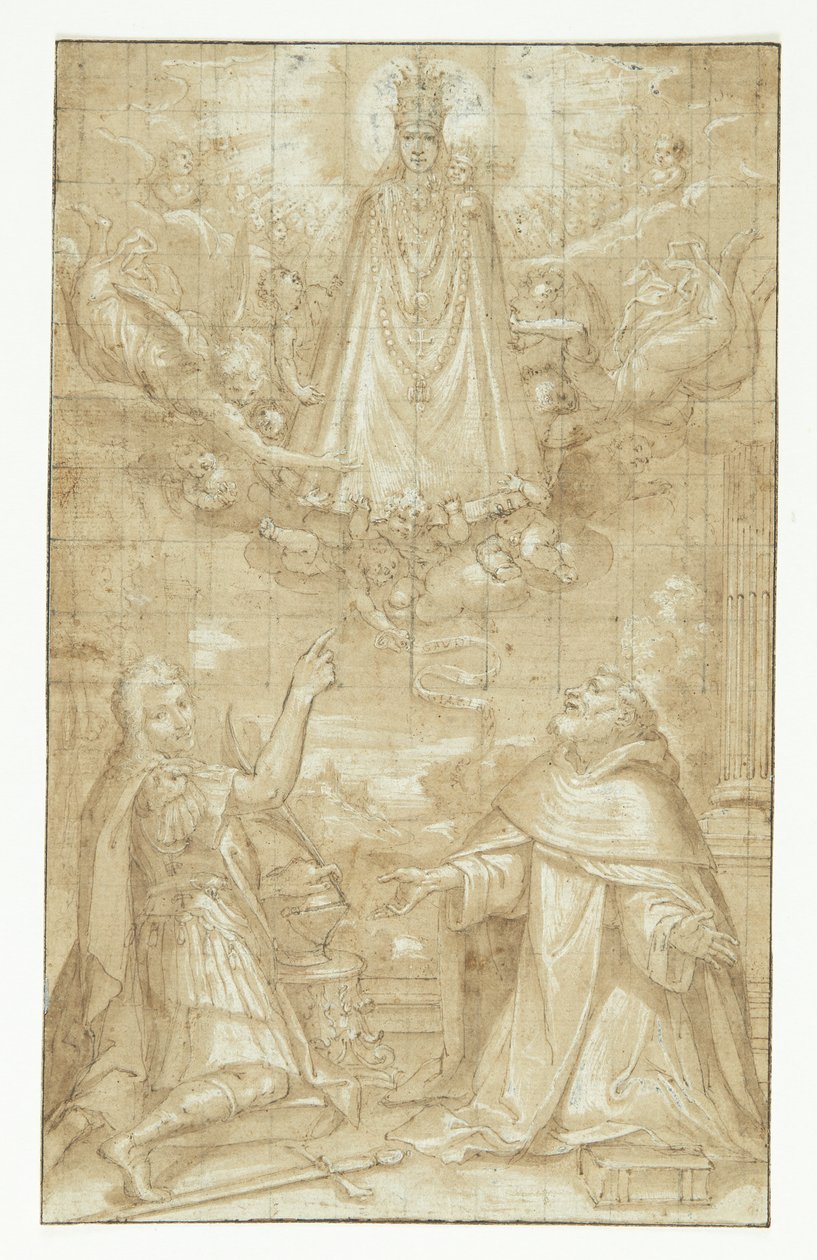 En kronet Madonna med barnet, omhængt med en kappe og tunge kæder, åbenbarer sig i skyerne, omgivet af engle og keruber, for to knælende helgener; den ene en soldat, der er martyr, den anden en gejstlig (Hyacintus?). En engel rækker et bælte eller et skrif af Francesco Francia