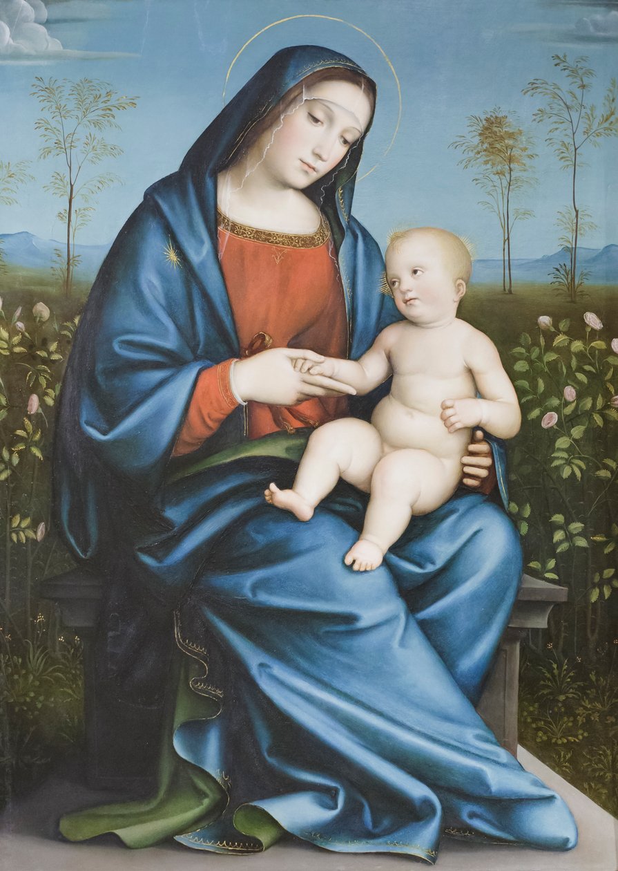 Madonna og barnet i rosenhaven, Raibolini Francesco kaldet Francesco Francia (olie på panel) af Francesco Francia