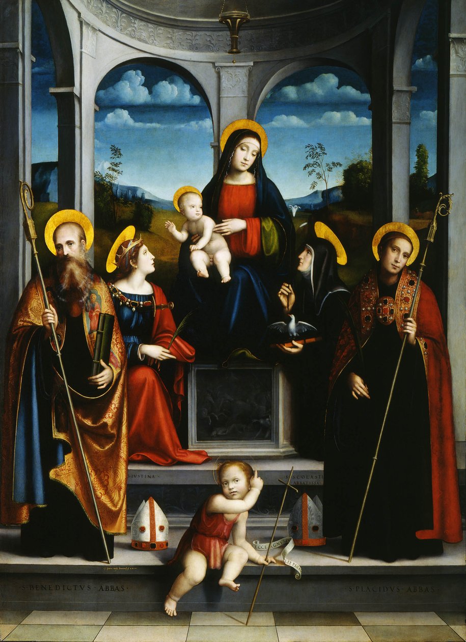 Virgin and Child with Saints Benedict, Justina, Placidus and Scholastica, ca 1515   733632   da       Dänisch Successfully Translated  Original: Saint Cecilia at the Organ, 1620-1629 Translat: Sankt Cecilia ved orglet, 1620-1629 733631 da Dänisch Oversat m af Francesco Francia