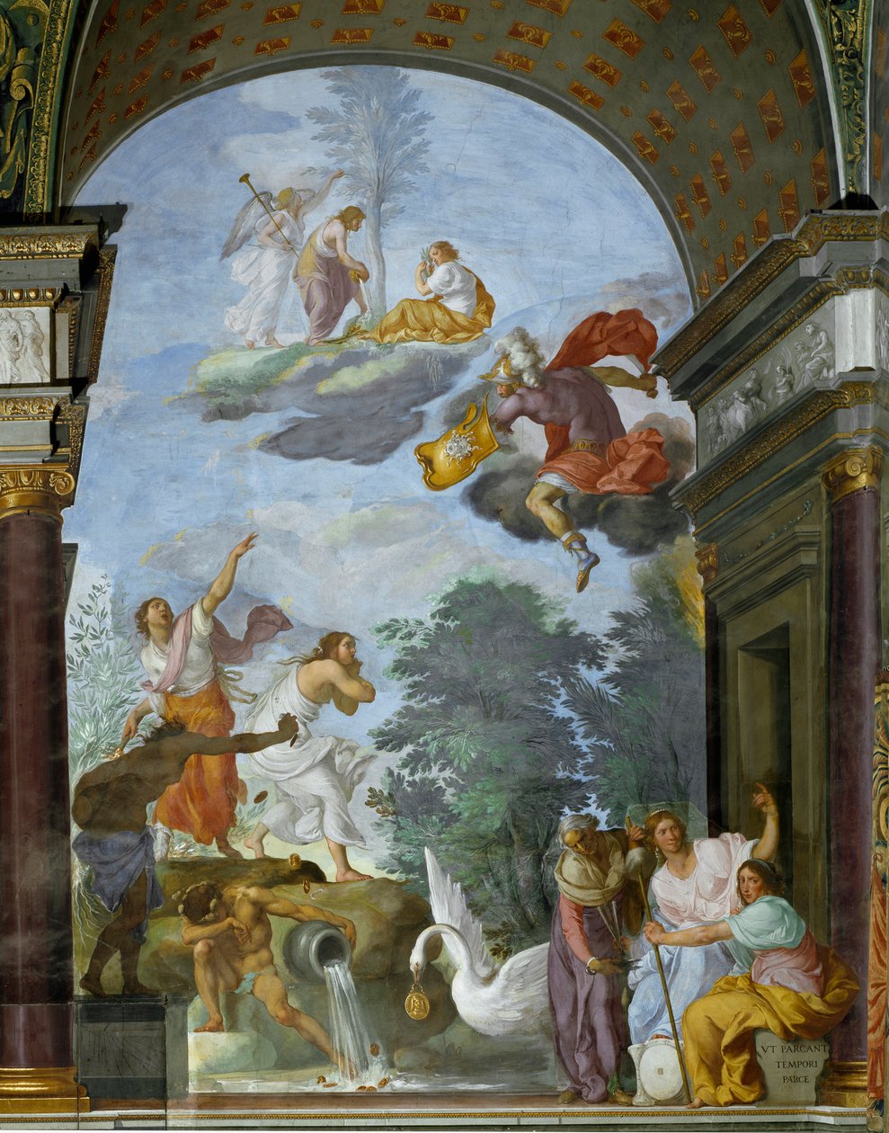 Allegori om Lawrence de Medici il Magnificents (1449-1492) død. Til højre, repræsentation af skæbnens guddomme, kabinetterne (eller parkerne): Clotho, Lachesis og Atropos. Fresco af Francesco Furini (160). af Francesco Furini