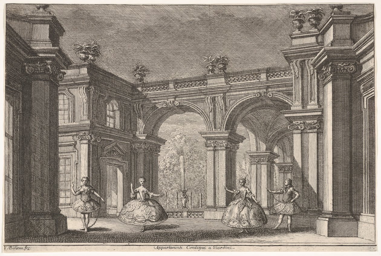 To damer og to herrer danser i udsmykkede arkitektoniske omgivelser, et springvand ved..., 1765. af Francesco Galli Bibiena