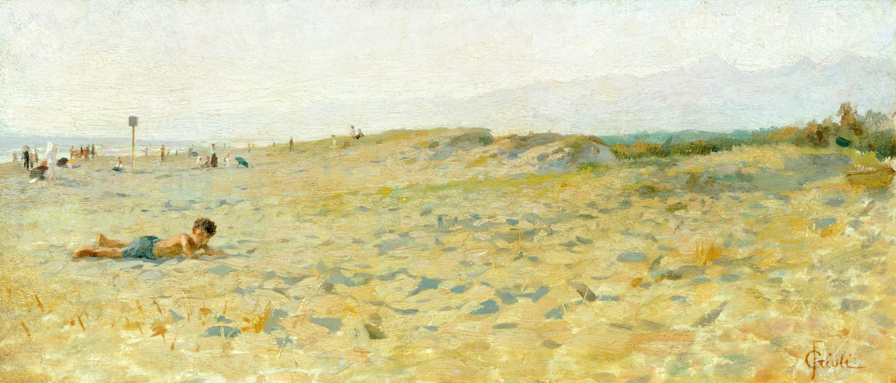 Strand i Cinquale af Francesco Gioli (1846-1922), olie på panel af Francesco Gioli