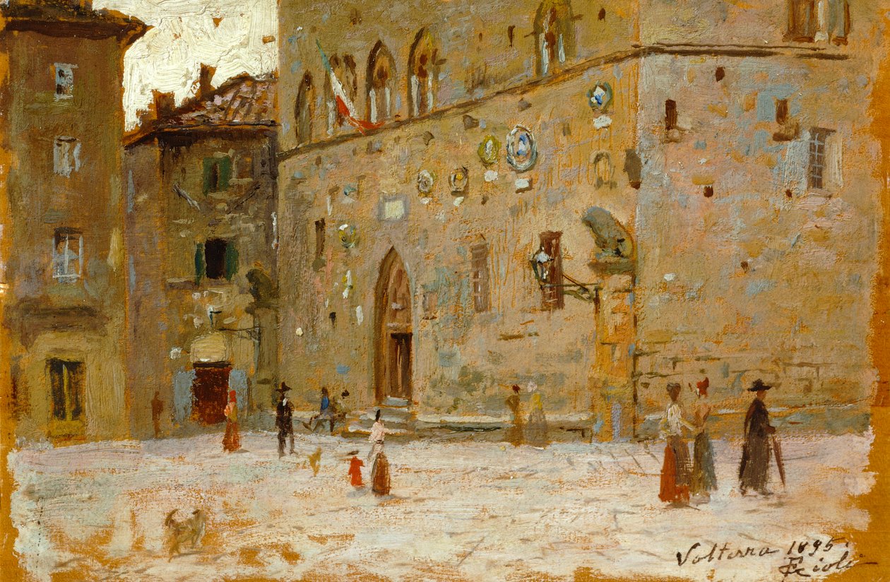 I kvadrat i Volterra af Francesco Gioli (1846-1922), olie på panel af Francesco Gioli