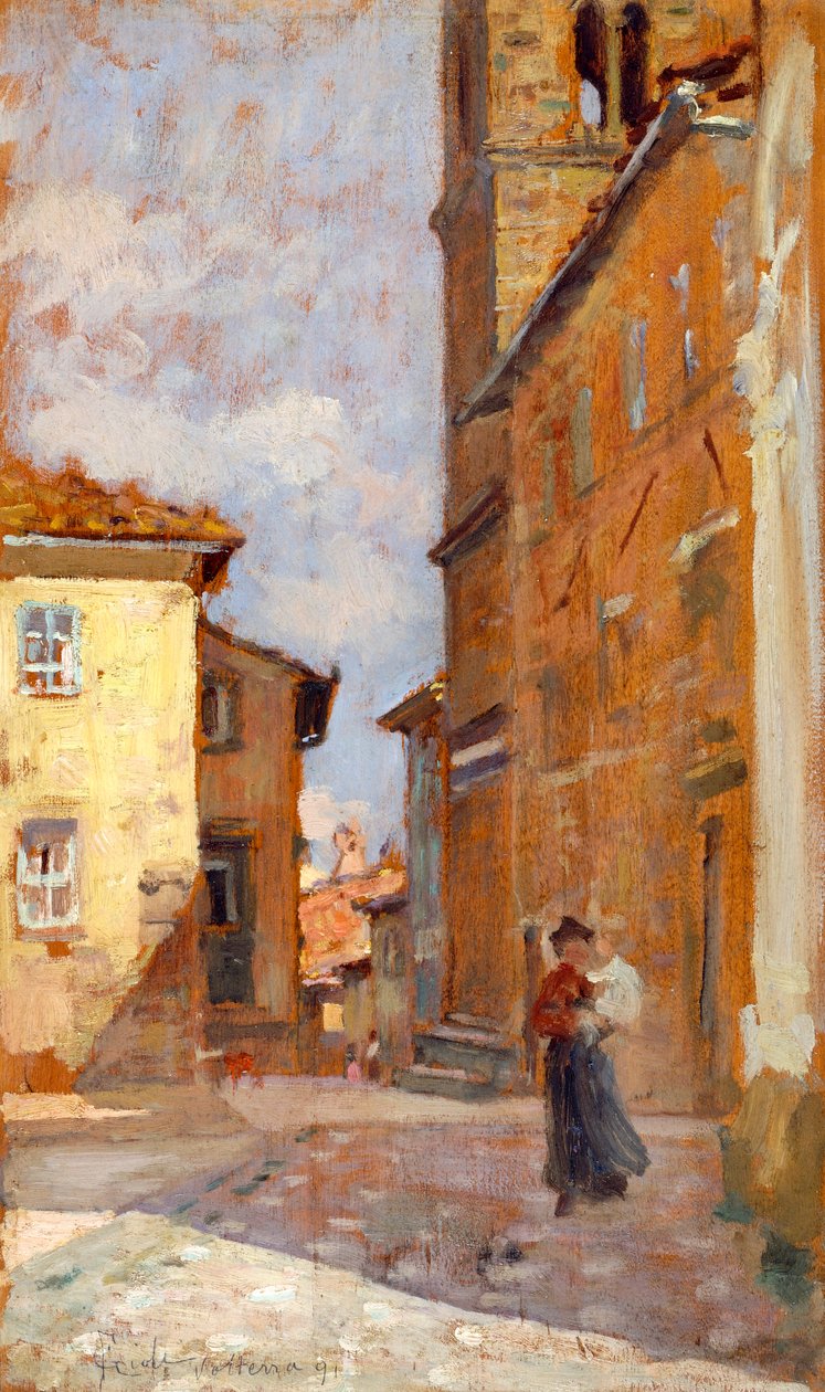 På gaden i Volterra af Francesco Gioli (1846-1922), olie på panel, 38x23 cm af Francesco Gioli