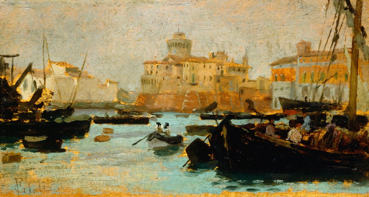 Port in Livorno af Francesco Gioli (1846-1922), olie på panel, 9x17 cm af Francesco Gioli