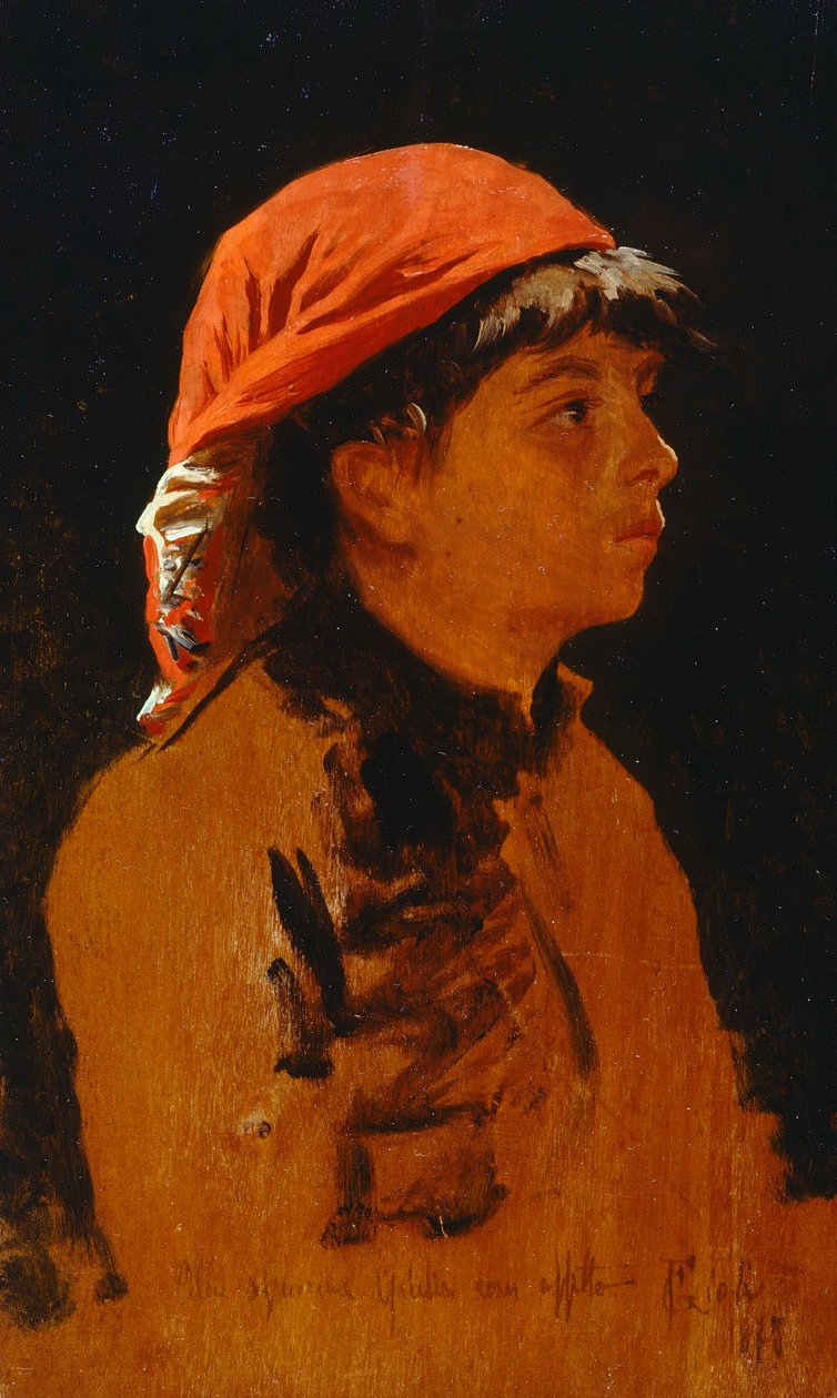 Rødt tørklæde af Francesco Gioli (1846-1922), olie på panel, 28x17 cm af Francesco Gioli