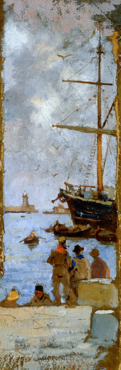 Udsigt over havnen i Livorno af Francesco Gioli (1846-1922), olie på lærred overført til pap, 38x12 cm af Francesco Gioli