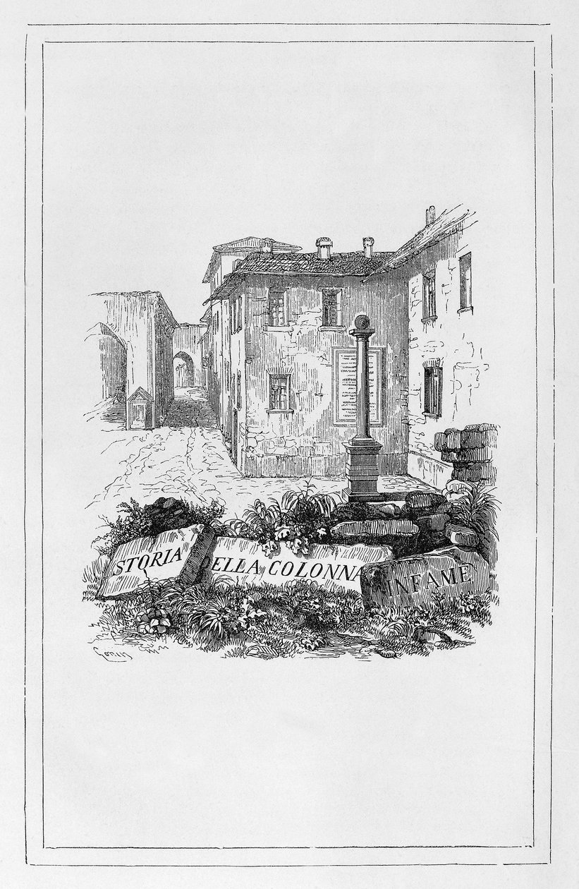 Historien om skændslens søjle, titelblad af Francesco Gonin (1808-1889) for historisk essay af Alessandro Manzoni (1785-1873), Italien af Francesco Gonin