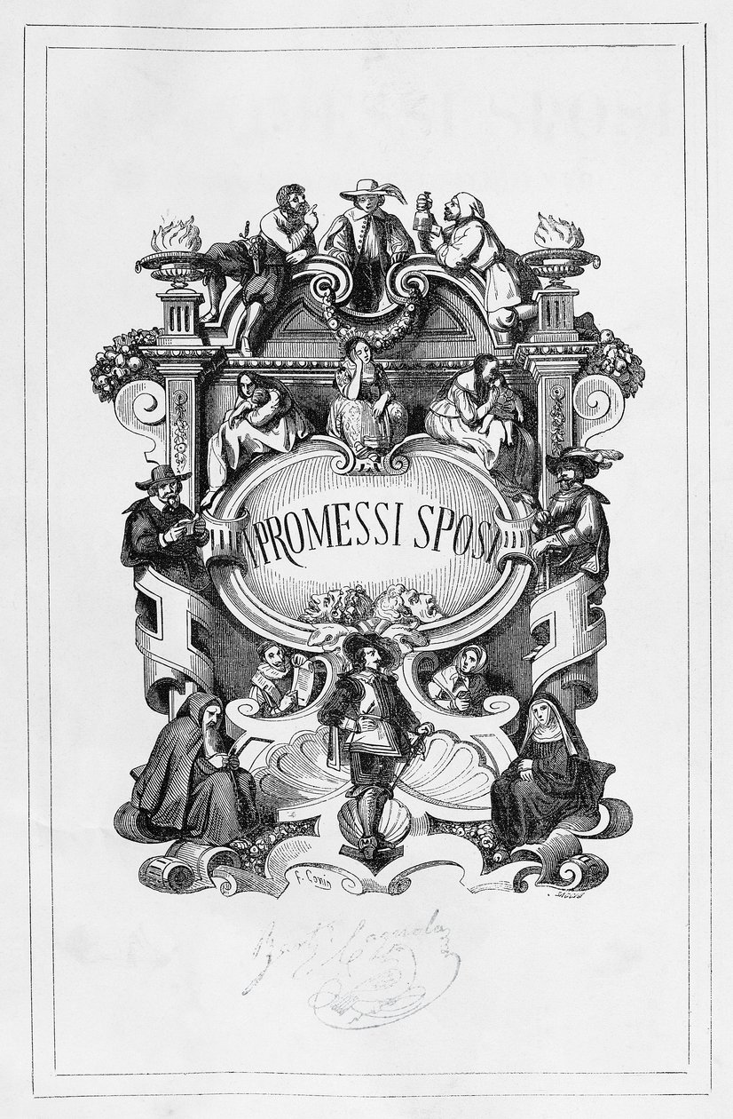 The Troloved, titelblad af Francesco Gonin (1808-1889) for 1840-1842 udgaven af roman af Alessandro Manzoni (1785-1873), Italien af Francesco Gonin