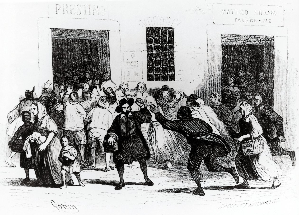 Plyndringen af Bageri med krykker, episode fra Troloved, af Alessandro Manzoni (1785-1873), illustration af Francesco Gonin (1808-1889) 1840-udgaven af Francesco Gonin