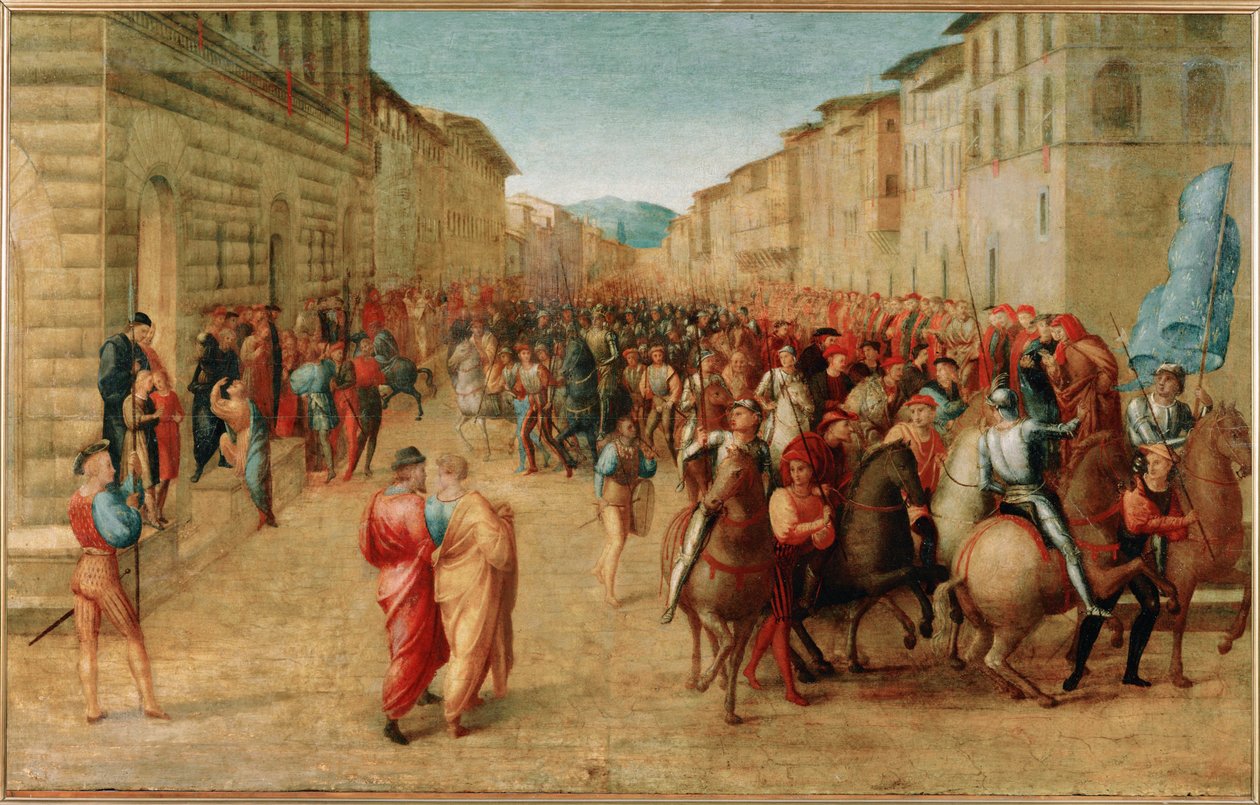Kong Karl VIII af Frankrigs indtog i byen Firenze (olie på træ) af Francesco Granacci